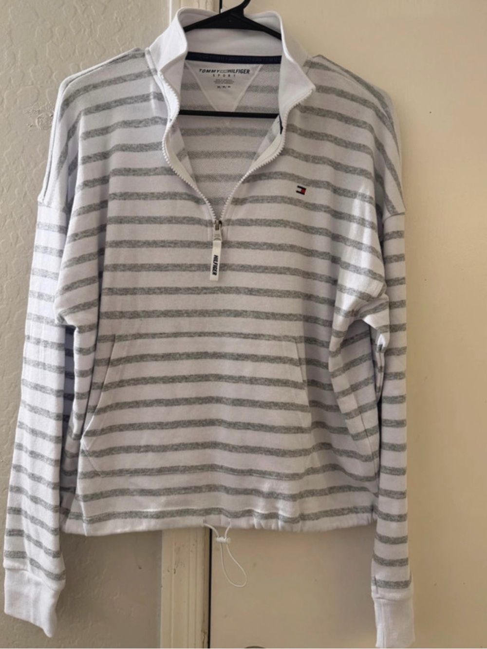 Tommy Hilfiger White & Light Gray Striped Quarter-Zip Pullover